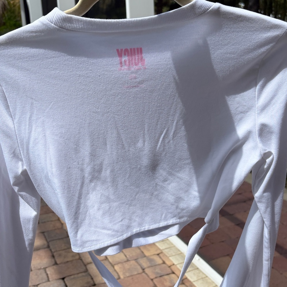 Juicy Couture Long Bell Sleeve Cut Out Wrap Crop Top NWOT Black White Shirt XS - Picture 17 of 17